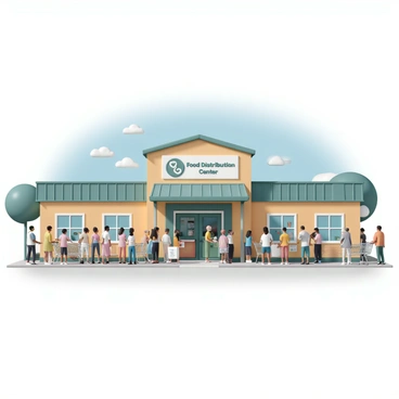 A food bank building with a large sign that reads "Food Distribution Center" above the entrance. In front of the building, there is a long line of diverse people waiting to receive food. The individuals in line include men, women, and children of various ages and ethnic backgrounds. Some people are holding bags or boxes, while others have empty shopping carts beside them. The weather is clear, with a bright blue sky overhead, and a few trees are visible in the background. The atmosphere conveys a sense of community and purpose, as volunteers can be seen preparing food packets inside the building.