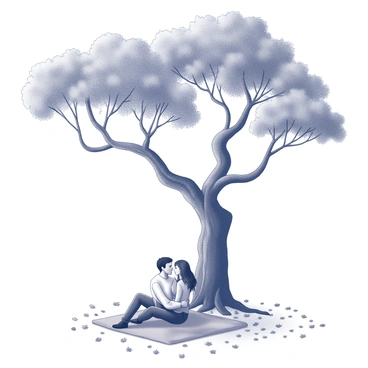 A couple is sitting closely together on a blanket beneath a large, ancient tree. The tree has a thick, gnarled trunk and wide branches that extend outwards, providing a substantial canopy above them. The couple is engaged in a quiet conversation, with the woman leaning slightly against the man. They are surrounded by an abundance of fallen leaves scattered around the base of the tree. The scene conveys a sense of intimacy and connection, reflecting their bond while the tree stands as a timeless symbol of enduring love.