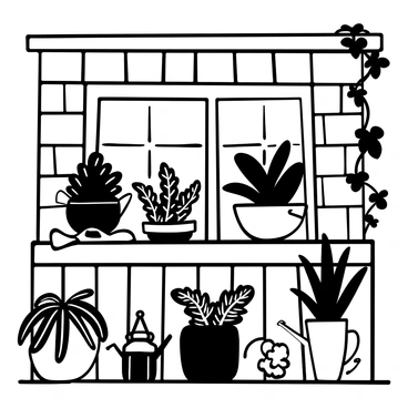 A small urban balcony filled with various containers of ferns. The ferns are lush and thriving, each container displaying different textures and shapes of foliage. Some containers are arranged on a wooden table, while others are placed on the railing. A brick wall serves as the backdrop, with a few climbing plants adding texture. There is a small watering can placed next to the containers and a garden tool hanging nearby.