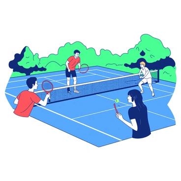 A blue tennis court is set in the center of the image, surrounded by a vibrant green landscape. On one side of the court, two players in red jerseys are positioned, both ready to serve. The player on the left has short brown hair and is holding a tennis racket with a focused expression, while the player on the right has long black hair tied in a ponytail, looking determined. On the opposite side, two players in white jerseys mirror their stance, both equally skilled. The player on the left has curly hair and is crouched slightly, while the player on the right has straight blonde hair and is poised to return the ball. The atmosphere is filled with tension and excitement as the match begins.