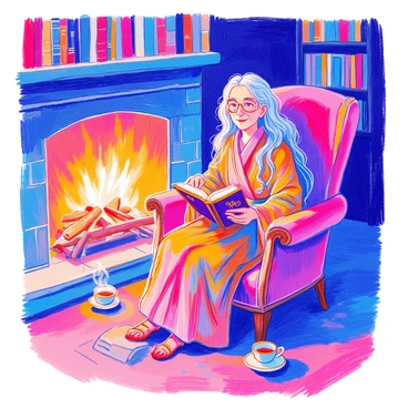 A wise old woman with long gray hair is sitting in a cozy armchair next to a crackling fireplace. She is wearing a long, flowing robe with intricate patterns. In her hands, she holds an ancient book with a worn leather cover and gold lettering. The warm glow from the fireplace illuminates her face, highlighting her thoughtful expression. Around her, the room is softly lit, with shelves of books in the background and a small table with a steaming cup of tea beside her.