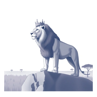 A lion standing on a rocky ledge. The lion has a large, ornate crown resting on its head. Its mane is thick and full, flowing around its face. Below, the savannah stretches out, filled with tall grass and sparse trees. The sky above is vast and empty, providing a sense of openness. The lion gazes into the distance, exuding a sense of power and majesty.