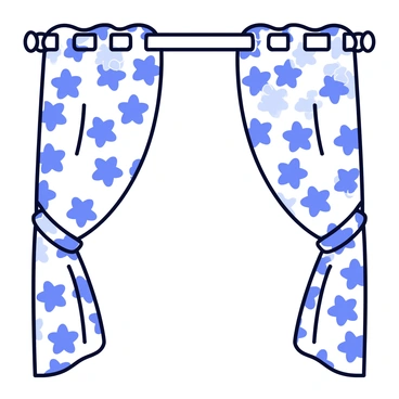 A set of curtains patterned with blue flowers. The fabric features a repeating floral design in various shades of blue against a white background. The curtains are partially drawn, allowing soft sunlight to filter through. They gently sway, creating a soft movement as they catch a light breeze coming through an open window.