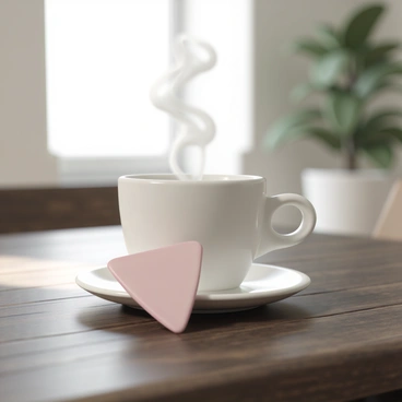 A guitar pick, shaped in a classic triangle form, is resting beside a steaming cup of coffee with a glossy finish. The cup is white with a curved handle, and wisps of steam are rising gracefully from its surface. The table is rustic, made of dark wood, showing the natural grain and texture. Soft light from a nearby window casts gentle shadows, enhancing the cozy atmosphere of the scene. The background features a blurred view of a homey interior with a hint of green plants.