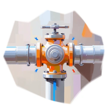 A close-up illustration of a backflow prevention valve situated within a pipeline. The valve is metallic with a shiny surface and features a distinct, complex design with various components visible. The pipeline is cylindrical and has a textured surface, showcasing rivets and joints. Surrounding the valve, there are detailed indications of flow direction with arrows. The background is a blurred depiction of the pipeline system, emphasizing the valve as the focal point of the image.