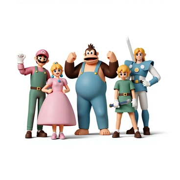 Donkey Kong stands at the center, flexing his muscular arms with a friendly smile. He is flanked by Mario, who is wearing his classic red cap and blue overalls, giving a thumbs up. To Mario's right, Princess Peach, dressed in her iconic pink dress, is posing with a cheerful expression. On the left side of Donkey Kong, Link is standing confidently with his sword drawn, wearing his green tunic and hat. Next to Link, Samus Aran is equipped in her shiny power suit, striking a determined pose. The setting is bright and lively, capturing the essence of a joyful gathering among these iconic characters, all ready for a group photo.
