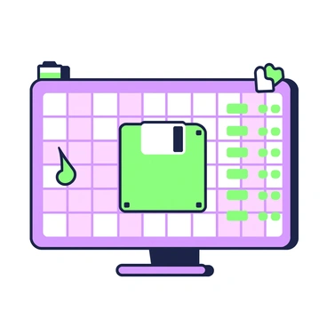 A collection of classic DOS background patterns and icons displayed on a digital screen. The background features a grid pattern composed of various squares and lines. Prominently displayed in the center is a green floppy disk icon, symbolizing data storage. To the left, there is a green text cursor blinking, indicating user interaction. Multiple green command line prompts are arranged vertically on the right side, showing various commands. In the top corners, there are small green icons representing folders and files, enhancing the retro computing theme.