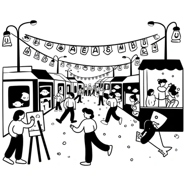 A bustling street scene filled with people participating in a festive celebration. Colorful fish-themed decorations hang from lamp posts and buildings, creating a lively atmosphere. Stalls are set up along the street, each featuring various fish-inspired activities and crafts. Children are seen painting fish on canvas while others are engaged in a game involving a large inflatable fish. The ground is decorated with fish-shaped confetti scattered throughout. Banners with the words "Celebrate the Sea" are displayed prominently above the festivities.