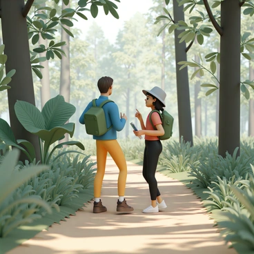 A man, wearing a blue jacket, brown hiking boots, and a green backpack, is standing beside a woman, who is wearing a red shirt, black leggings, and a gray hat. They are on a dirt trail surrounded by tall trees and lush undergrowth. The man is pointing at a large, green-leaved plant while the woman is looking at him with interest, holding a small field guide in her other hand. Sunlight filters through the branches overhead, creating dappled patterns on the forest floor.