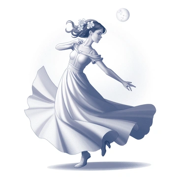 A young woman named "Juliet" is dancing gracefully in a serene outdoor setting. The scene is illuminated by the soft glow of the "moonlight," creating gentle shadows around her. She has "flowers in her hair," intricately woven and adding to her elegant appearance. Her dress flows as she moves, with subtle folds accentuating her movements. The atmosphere captures a sense of tranquility and beauty, emphasizing her joyous expression as she twirls.