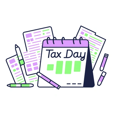 A calendar page is displayed prominently, with the text "Tax Day" clearly written on it. Surrounding the calendar page, there are various tax forms spread out, featuring boxes and lines for filling information. Several pens are positioned around the forms, some with caps off, ready for use. The setting has a neat and organized look, with a hint of urgency suggested by the arrangement of the items.