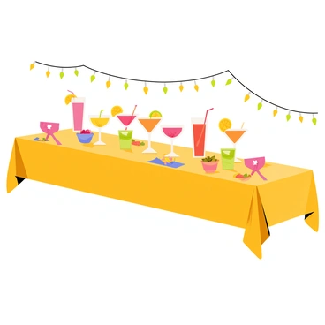 A long rectangular table set for a vibrant party. The table is covered with a bright tablecloth. On the table, there are several colorful cocktails in clear glasses, each featuring a unique hue ranging from deep pink to bright orange. Each cocktail is garnished with a slice of grapefruit perched on the rim of the glass. Some cocktails have small paper umbrellas and colorful straws. The setting includes decorative elements like small bowls of snacks, colorful napkins, and twinkling fairy lights strung overhead.