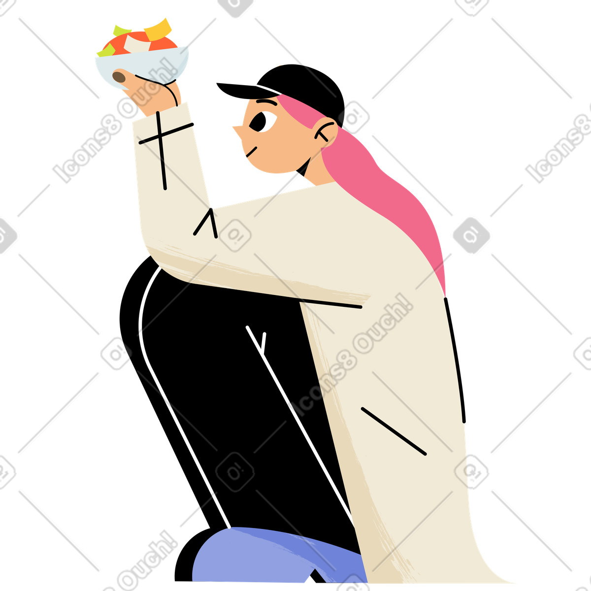 Ilustração de Jovem mulher com uma tigela agachada em no estilo Juicy para baixar em PNG, SVG