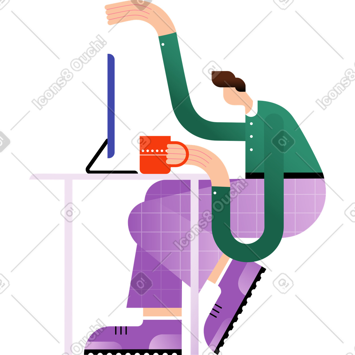 Mann sitzt an seinem schreibtisch mit einem monitor und trinkt aus becher-Illustration im Wavy-Stil als Download in PNG, SVG