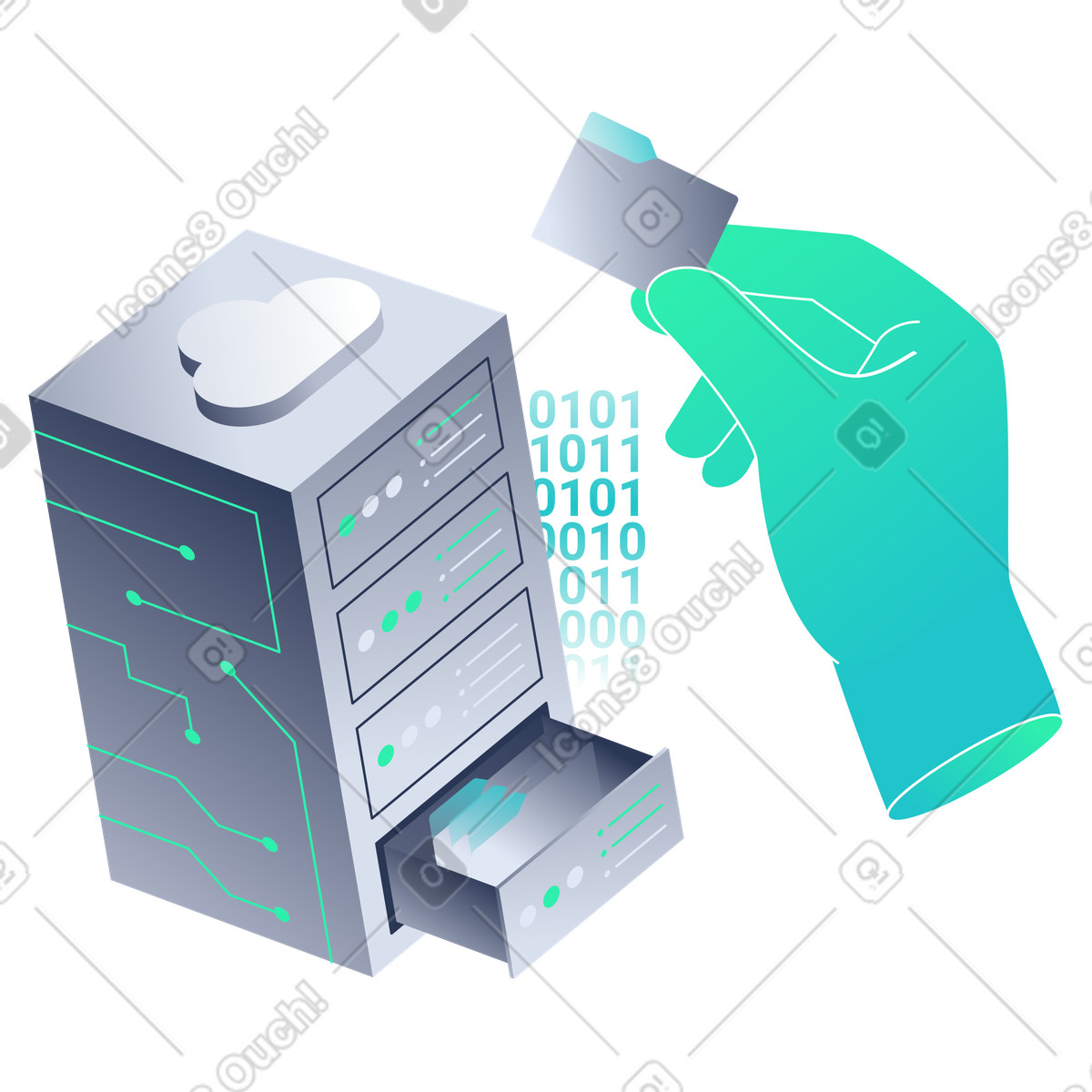 Illustration Accéder aux données dans un rack de stockage cloud le style Lucent à télécharger formats PNG, SVG