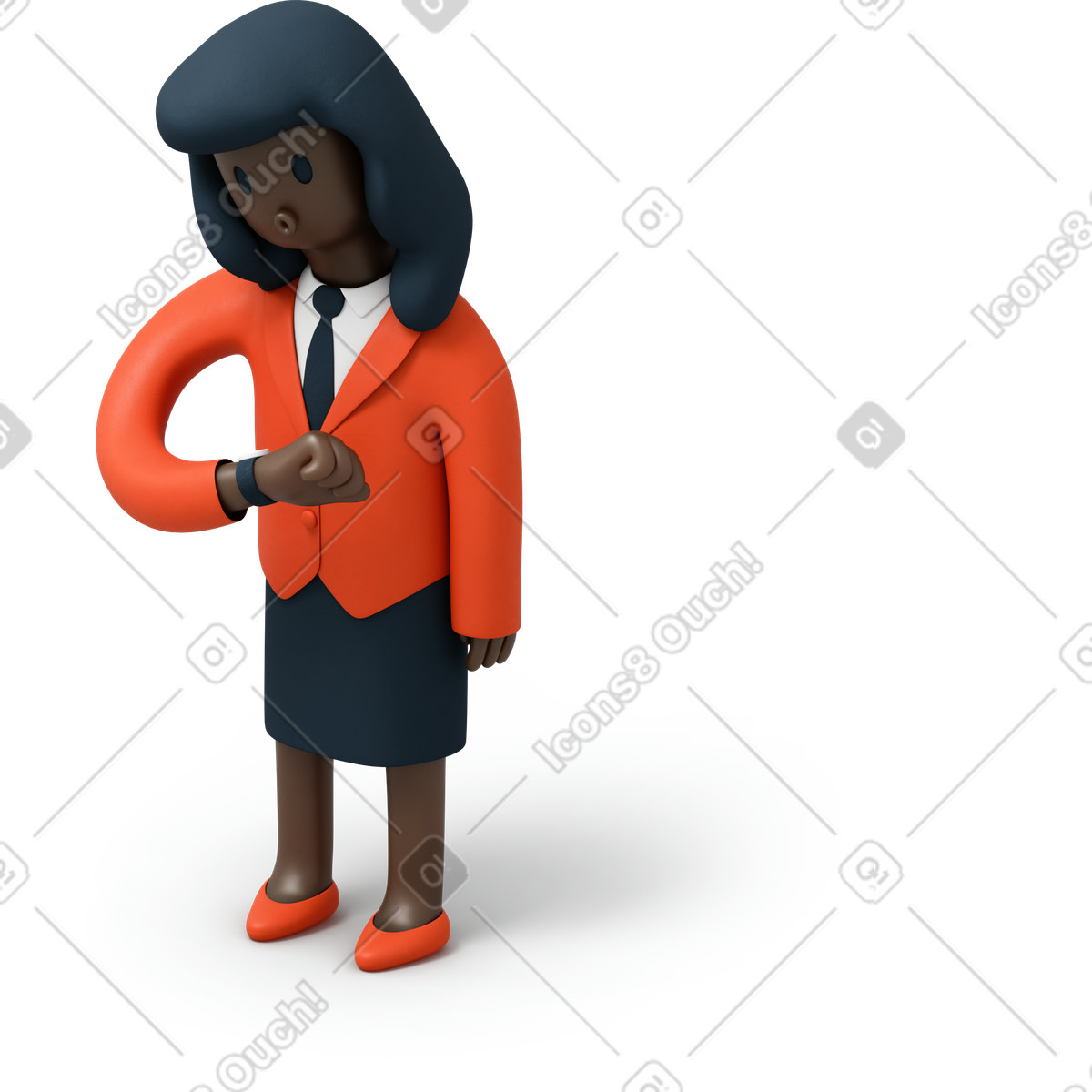 Schwarze geschäftsfrau, die armbanduhr betrachtet-Illustration im 3D Flame-Stil als Download in PNG, SVG