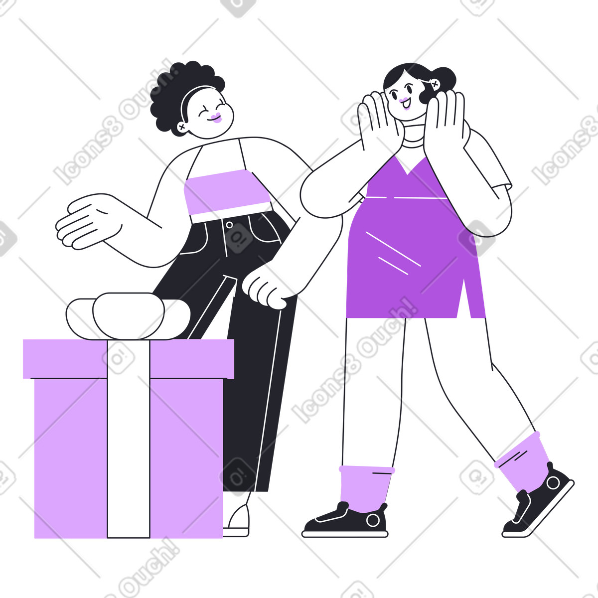 Ilustração de Mulher surpreende sua amiga com um presente em no estilo Grapy para baixar em PNG, SVG