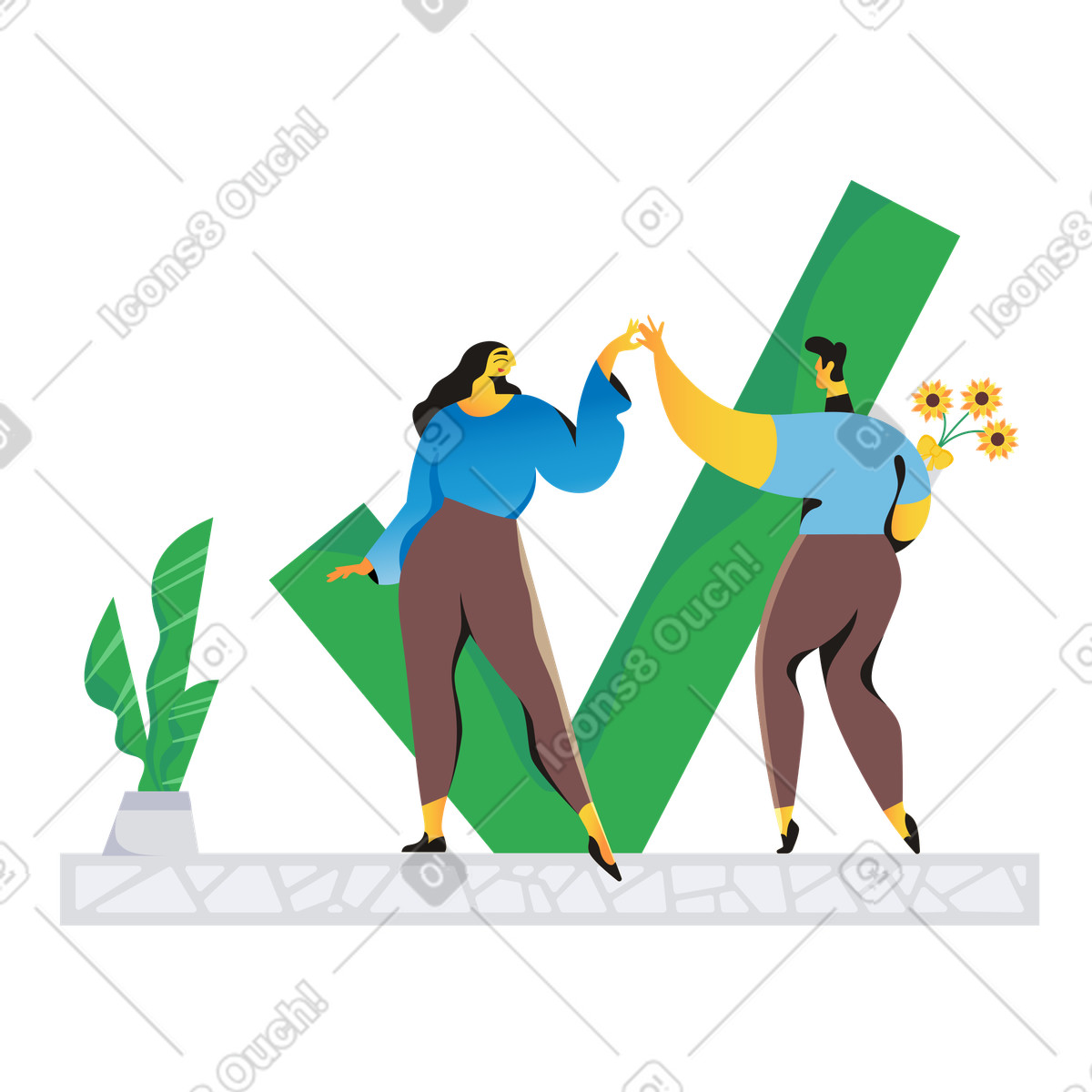 Jaconda 스타일의 배경에 체크 표시가 있는 데이트 중인 커플 일러스트레이션 PNG, SVG 다운로드