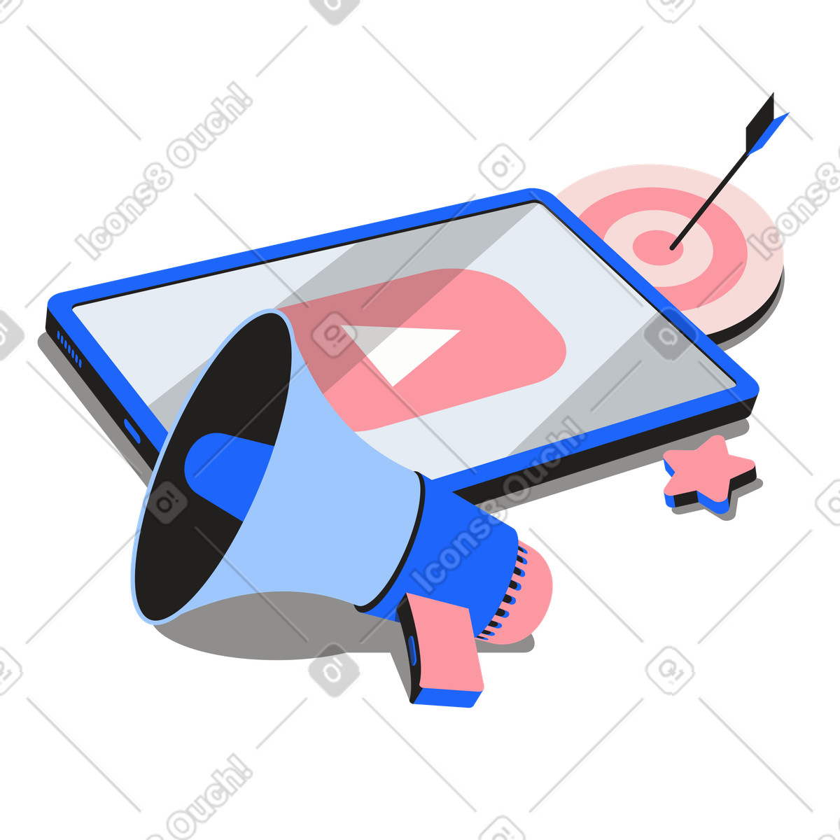 Tablet with play icon, megaphone and target, Social media advertising outreach illustrazione in stile Editorial scarica in PNG, SVG