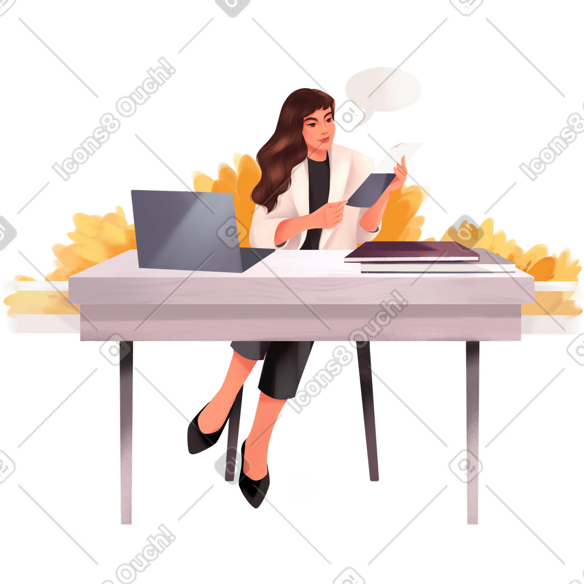 Ilustración Girl on the loggia working at her desk en estilo Demure a descargar en PNG y SVG
