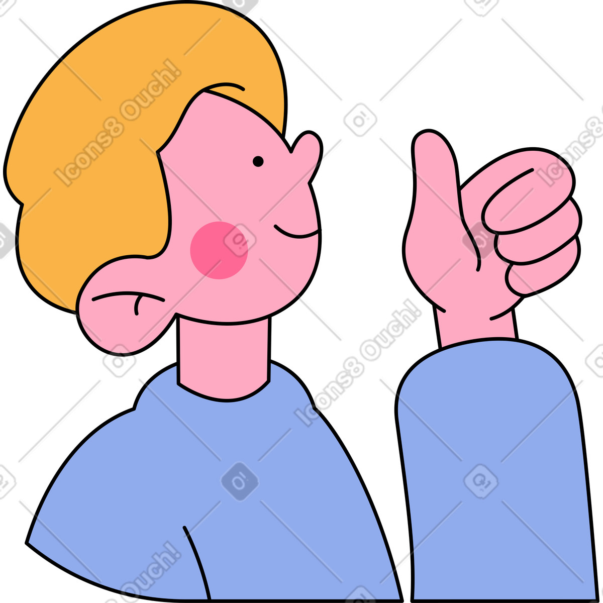 Illustration animée Boy looking up and showing thumbs dans le style Bloom à télécharger aux formats GIF, Lottie (JSON), AE