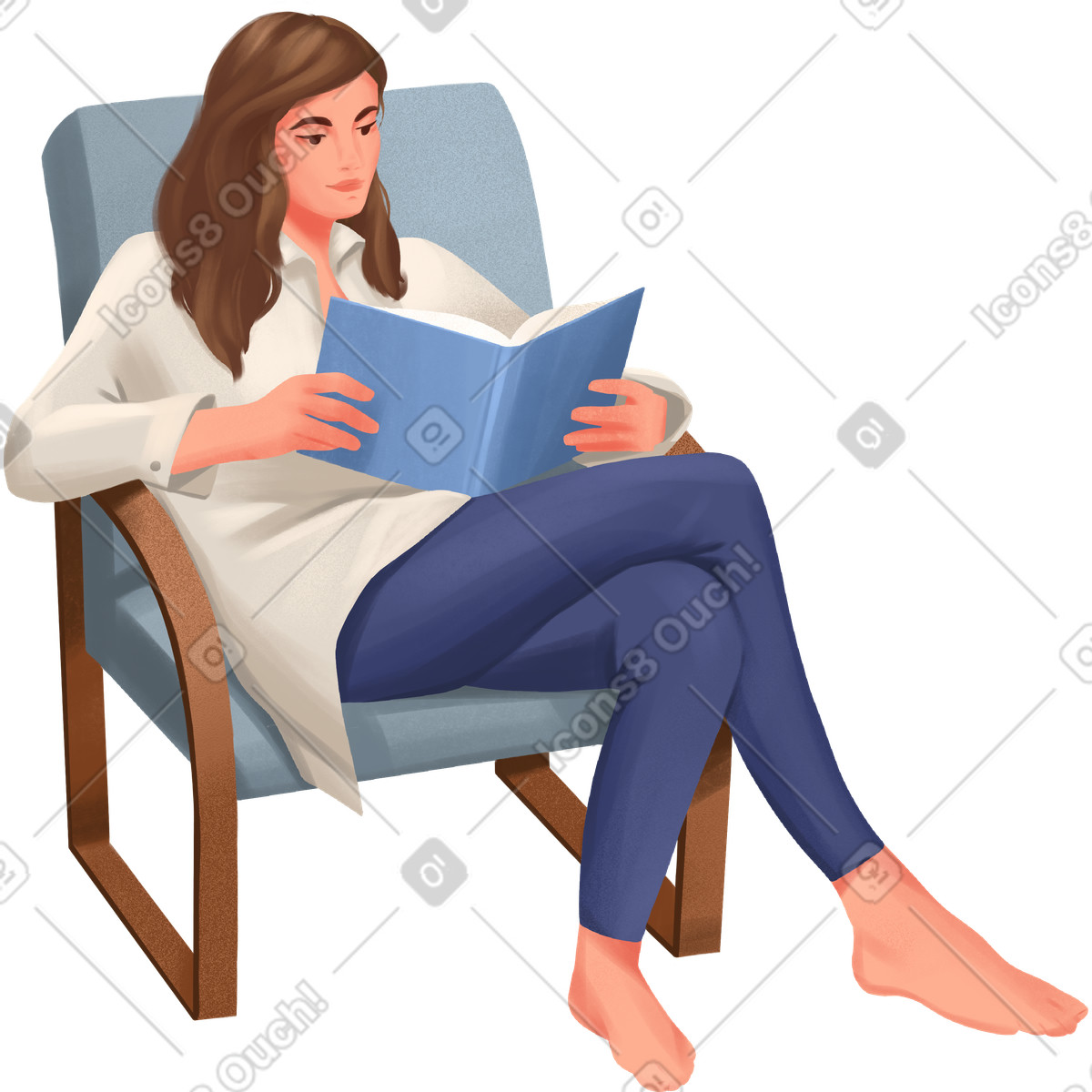 Woman sitting on an armchair in comfortable clothes and reads a book illustration Demure style download PNG, SVG