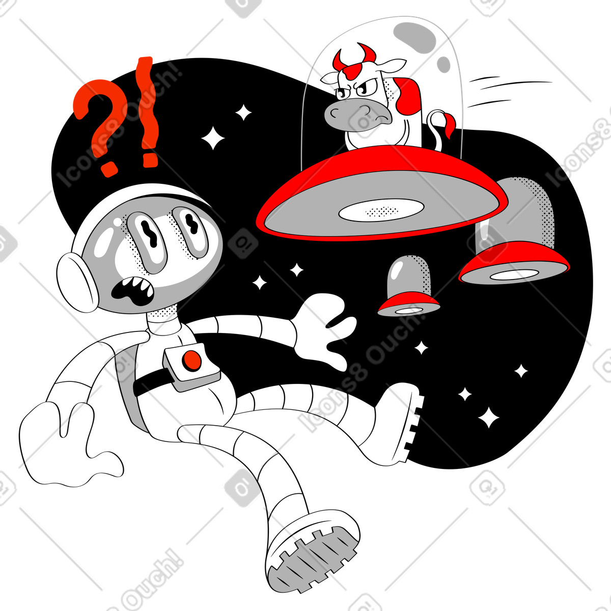Looney スタイルの 宇宙飛行士が宇宙船内で牛に遭遇 のイラストをPNG、SVG形式でダウンロード