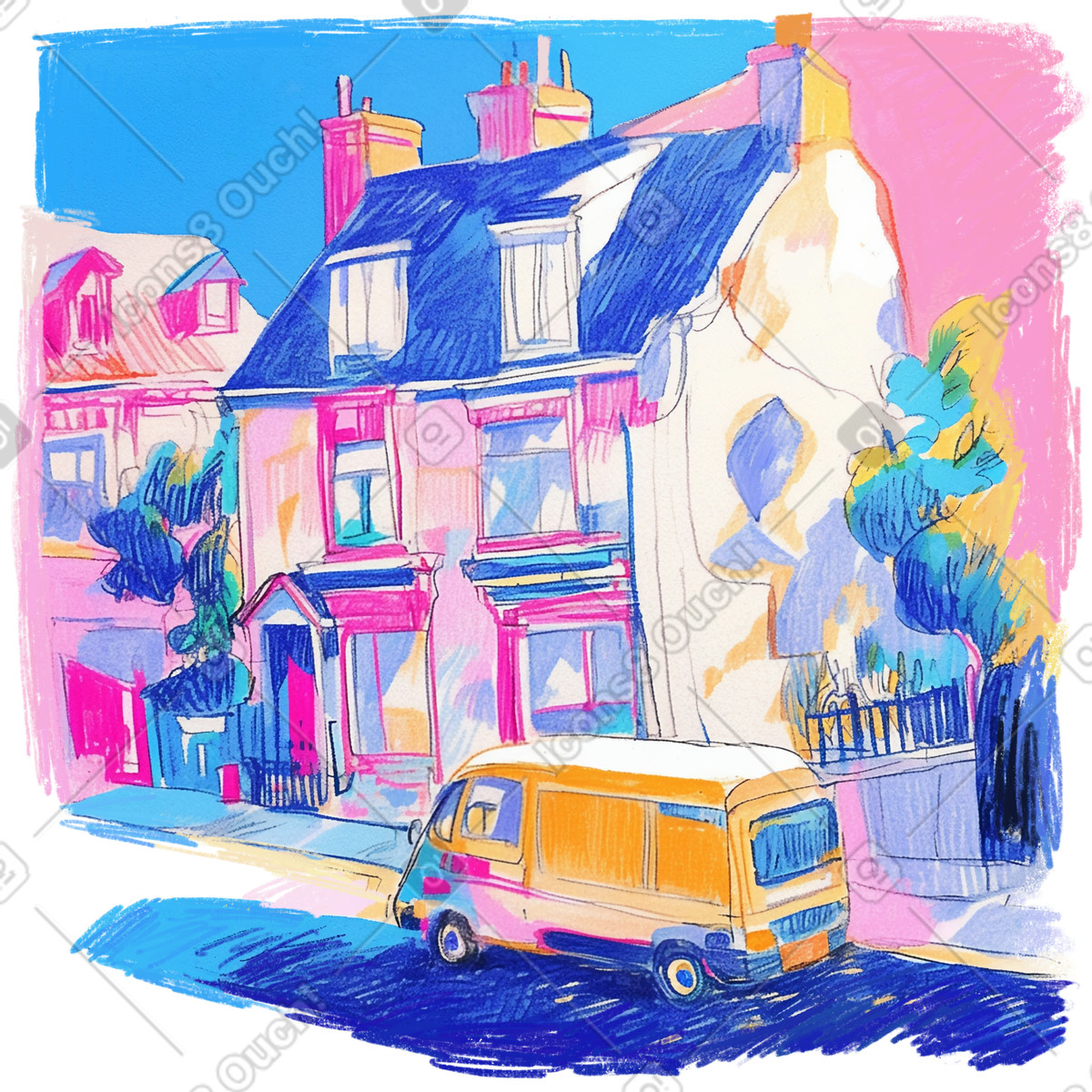 Ilustración Dibujo a lápiz de una calle la ciudad con furgoneta aparcada en estilo Fuchsia descargar en PNG y SVG