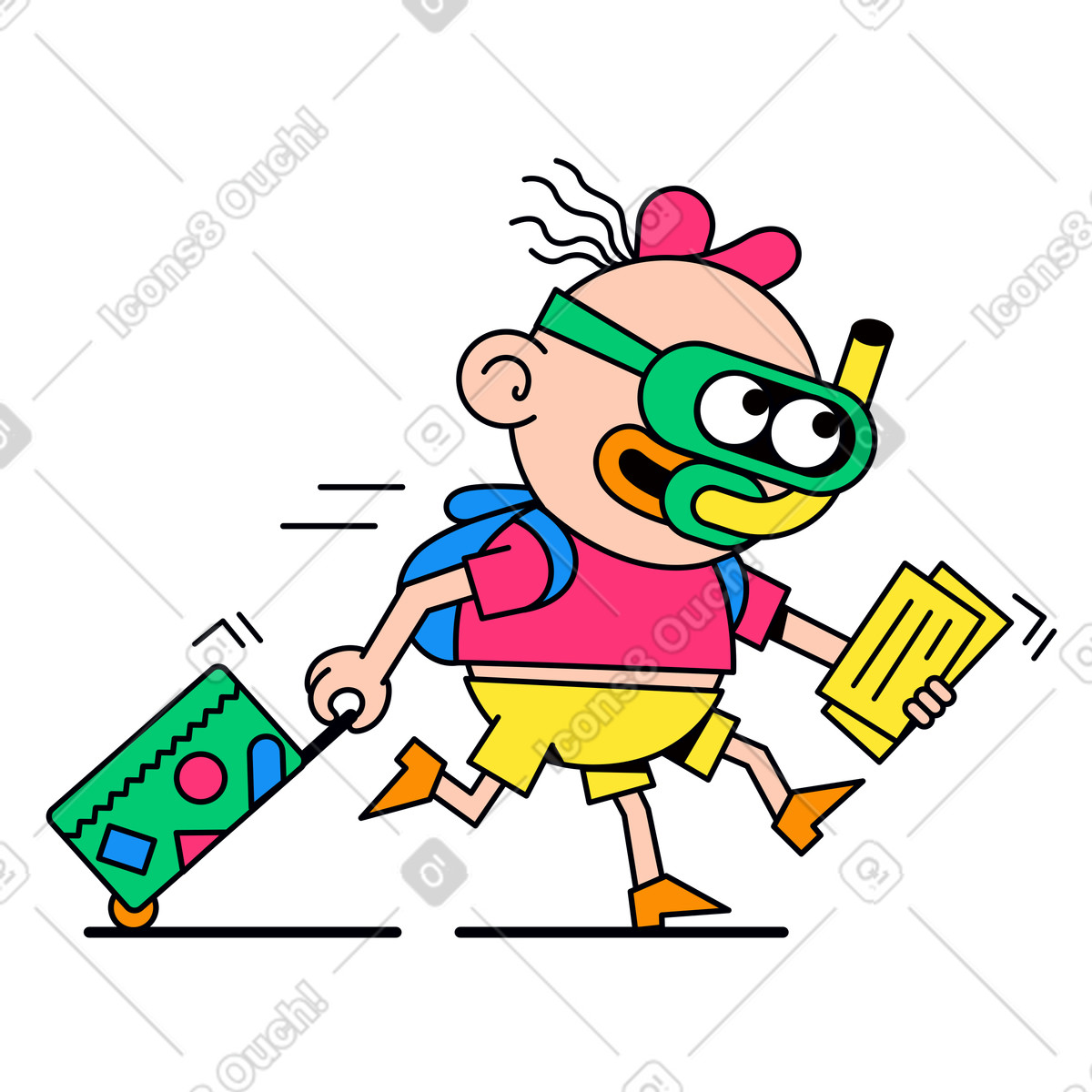 Ilustración animada Turista con maleta yendo de vacaciones en estilo Droll a descargar en GIF, Lottie (JSON), AE