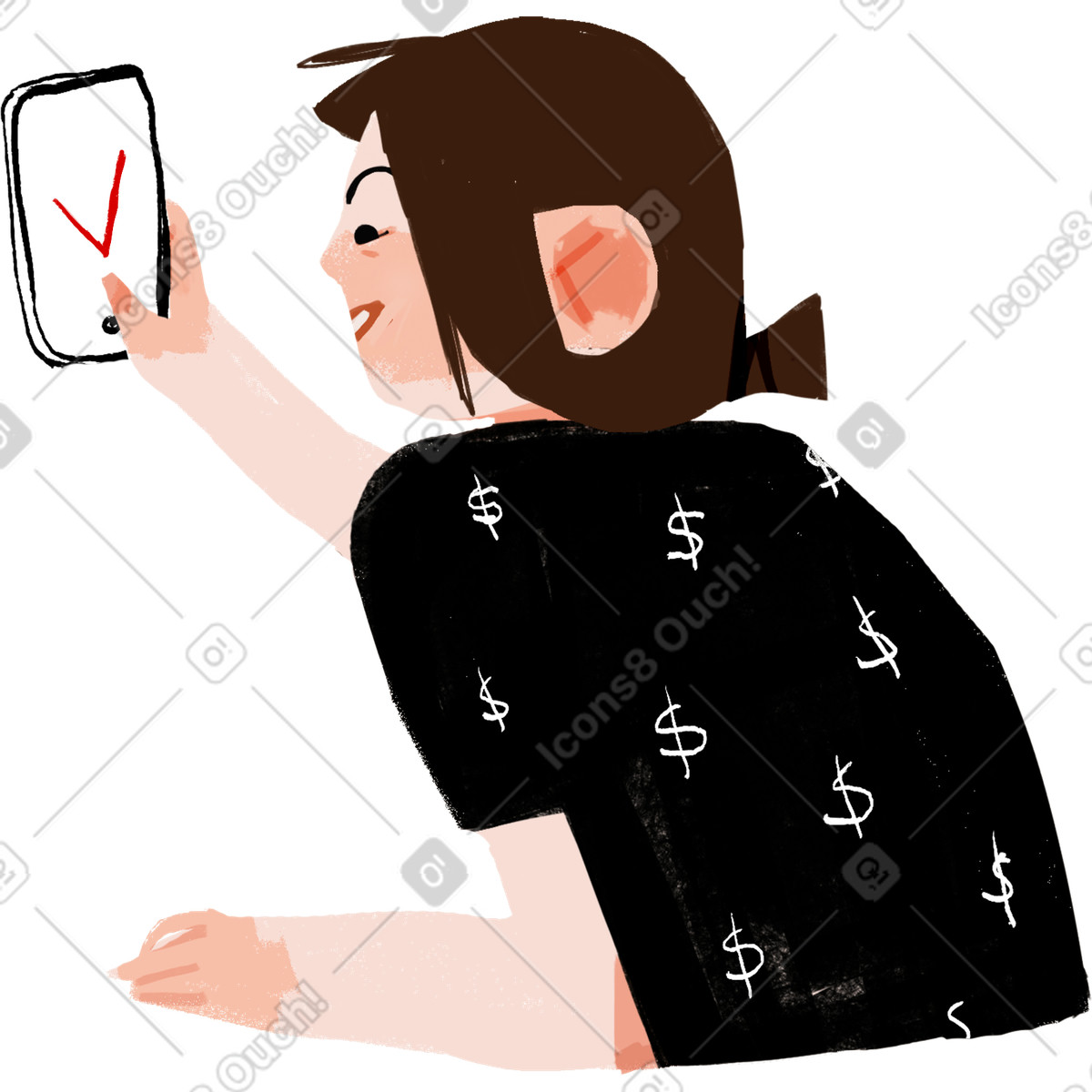 Ikigai 스타일의 Person in black shirt checking transaction with mobile device 일러스트레이션 PNG, SVG 다운로드