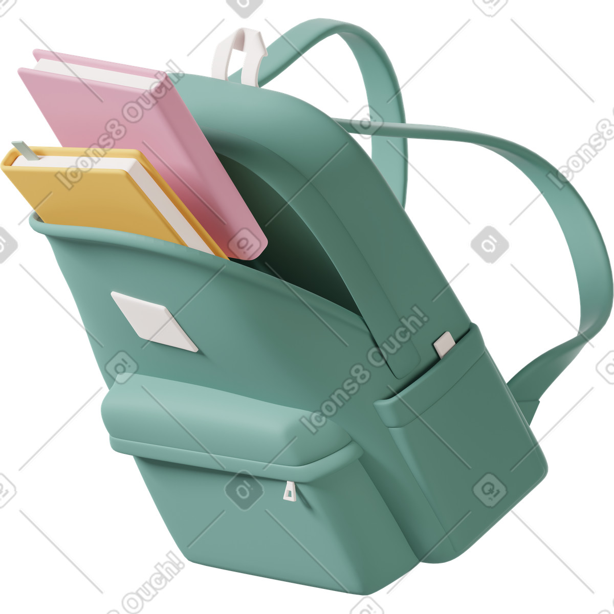 3D Casual life 스타일의 Green backpack with books 일러스트레이션 PNG, SVG 다운로드
