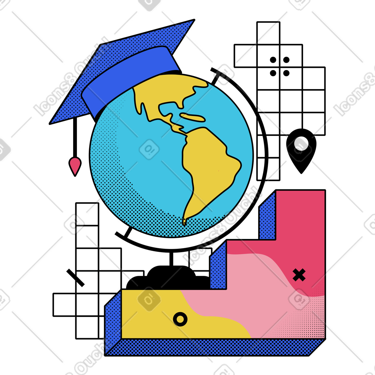 下载 Memphis 风格的 用地球仪学习地理 插画，支持 PNG、SVG 格式