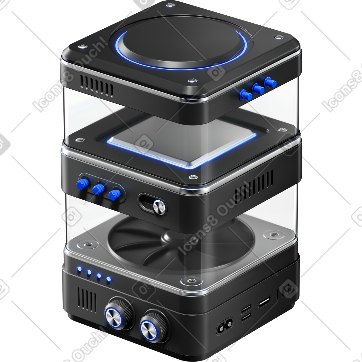 3D Metallic スタイルの Device power unit with blue led lights and control knobs のイラストをPNG、SVG形式でダウンロード