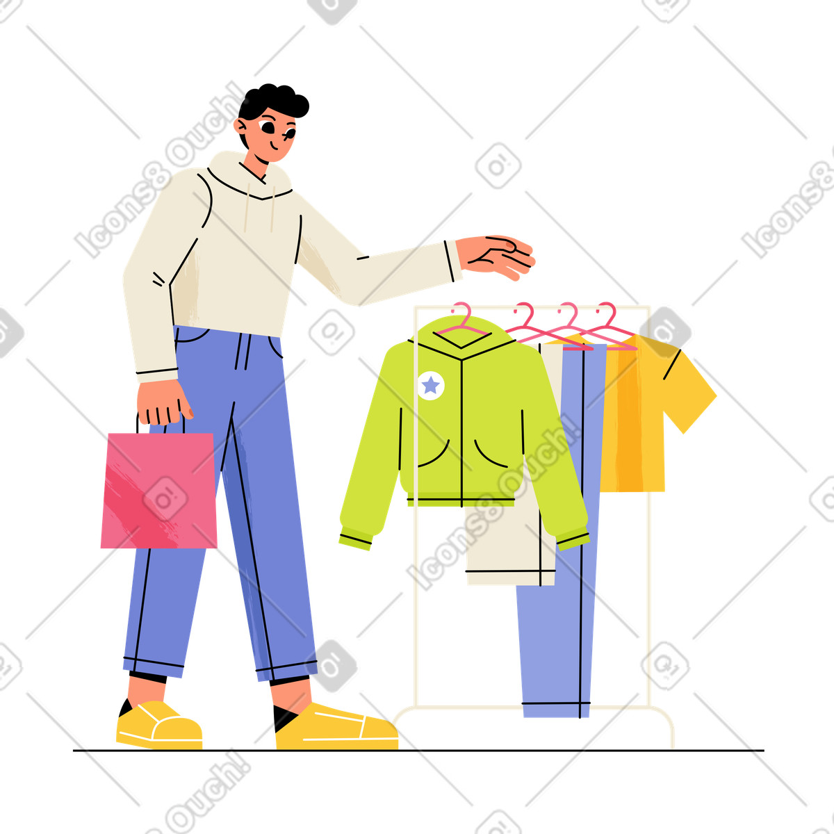 Buyer with shopping bag choosing clothes, fashion retail purchase scene illustration in Juicy style download in PNG, SVG