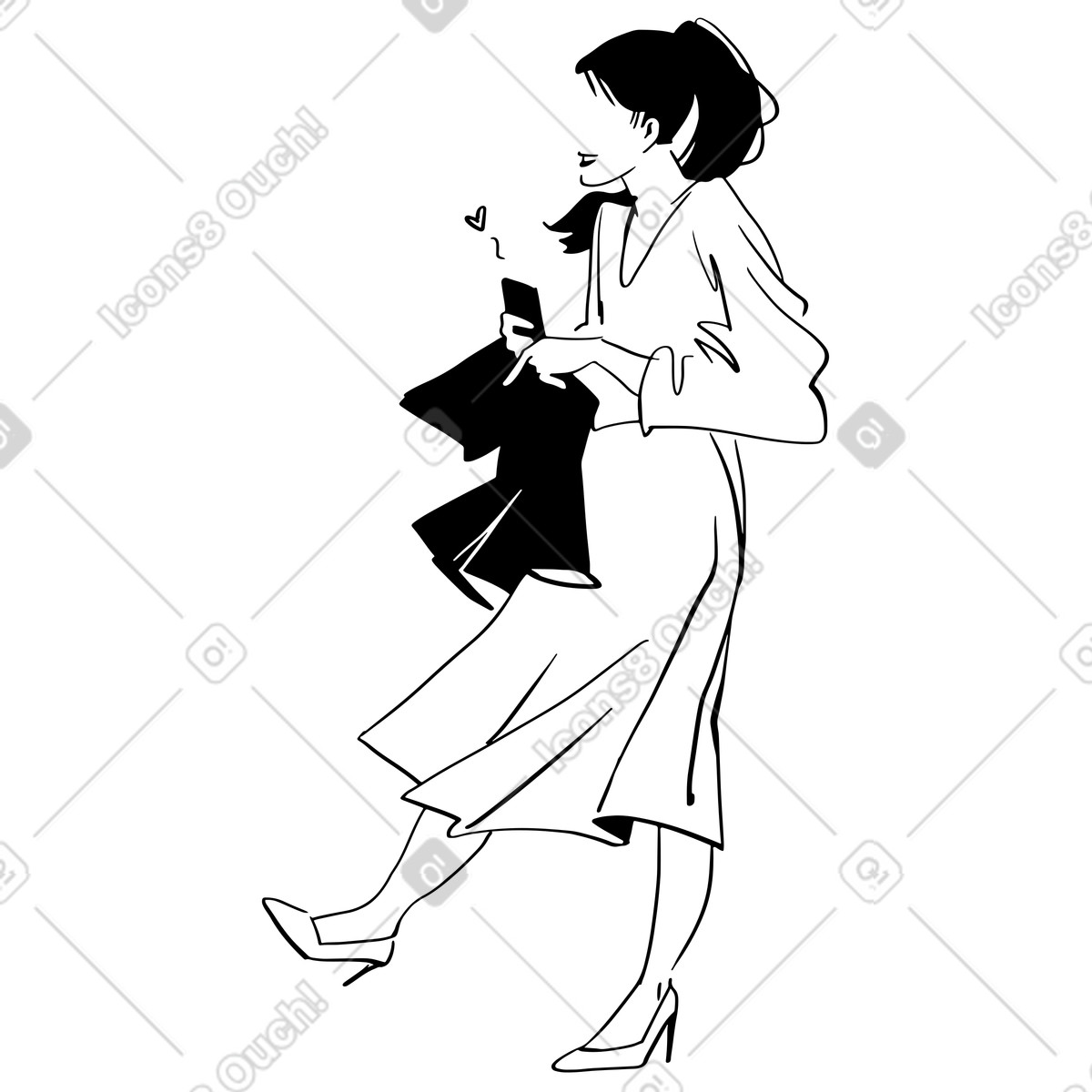 Ilustração de Mulher recebendo mensagens amor no telefone em estilo Line para baixar em PNG, SVG