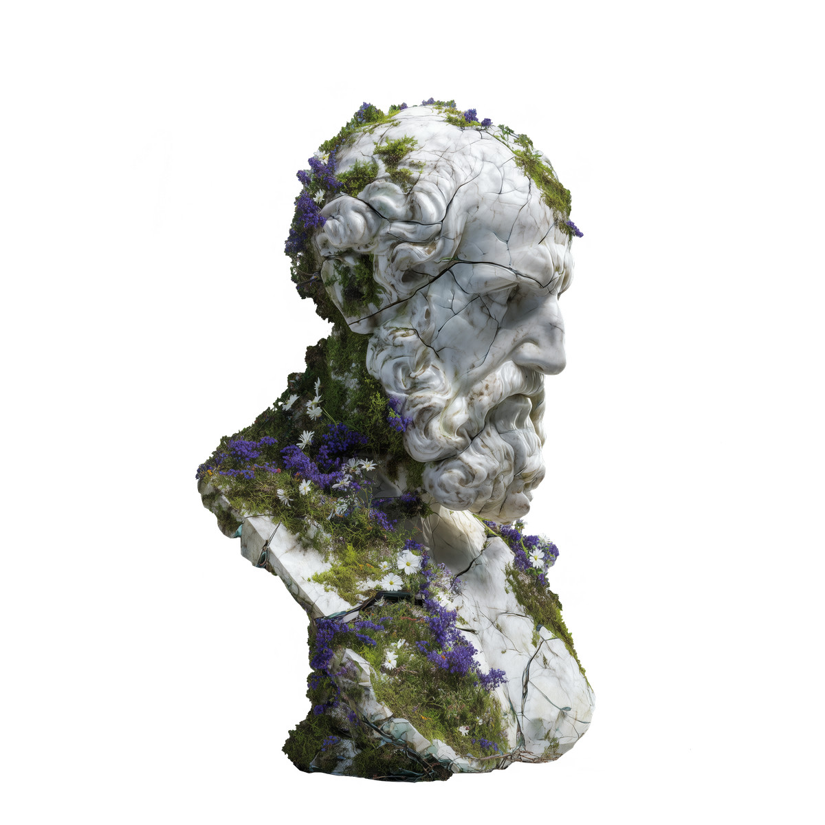Biomorphic 스타일의 Ancient marble bust covered in moss and flowers, Nature passage of time 일러스트레이션 PNG, SVG 다운로드
