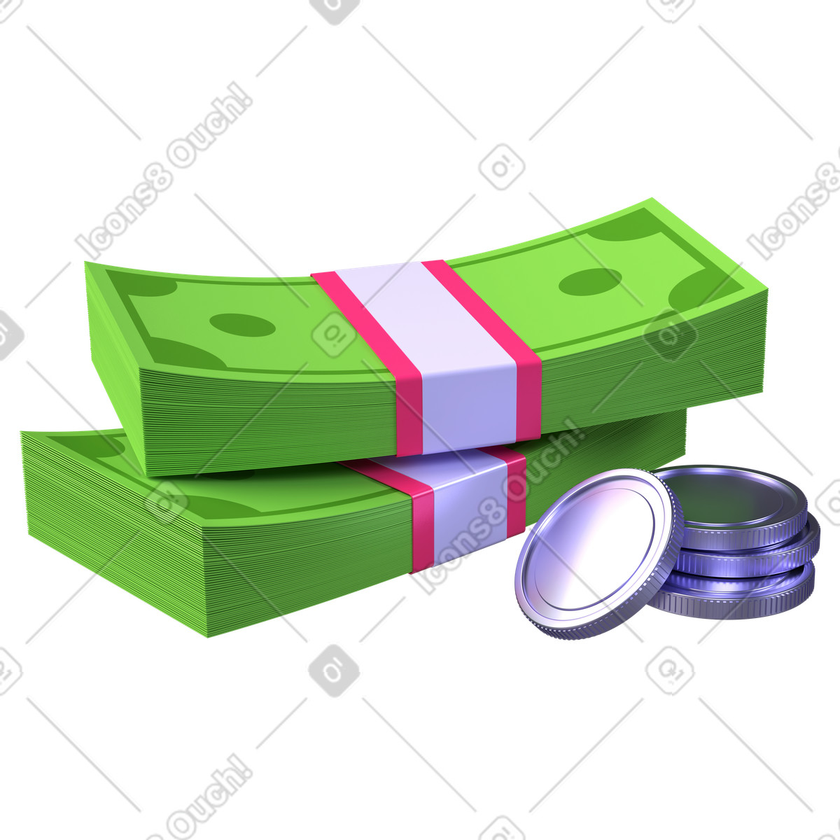 Illustration Piles d'argent liquide et de pièces monnaie, épargne personnelle ou stabilité financière dans le style 3D Boost à télécharger aux formats PNG, SVG