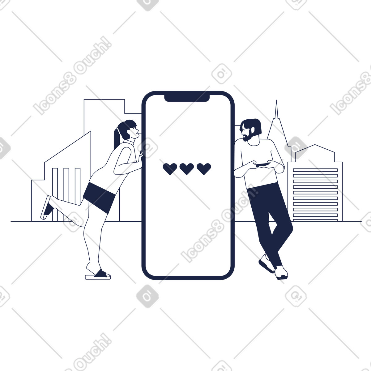 Ilustración Mujer y hombre se miran junto al teléfono inteligente en el fondo de la ciudad estilo Urban Line a descargar PNG SVG
