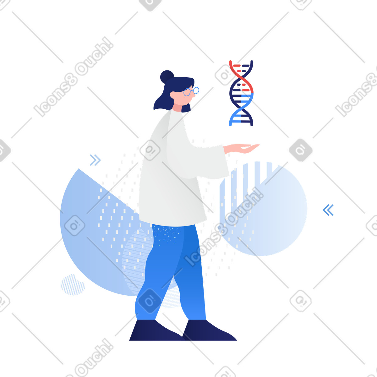 下载 Clip 风格的 研究 dna 螺旋的女科学家 插画，支持 PNG、SVG 格式