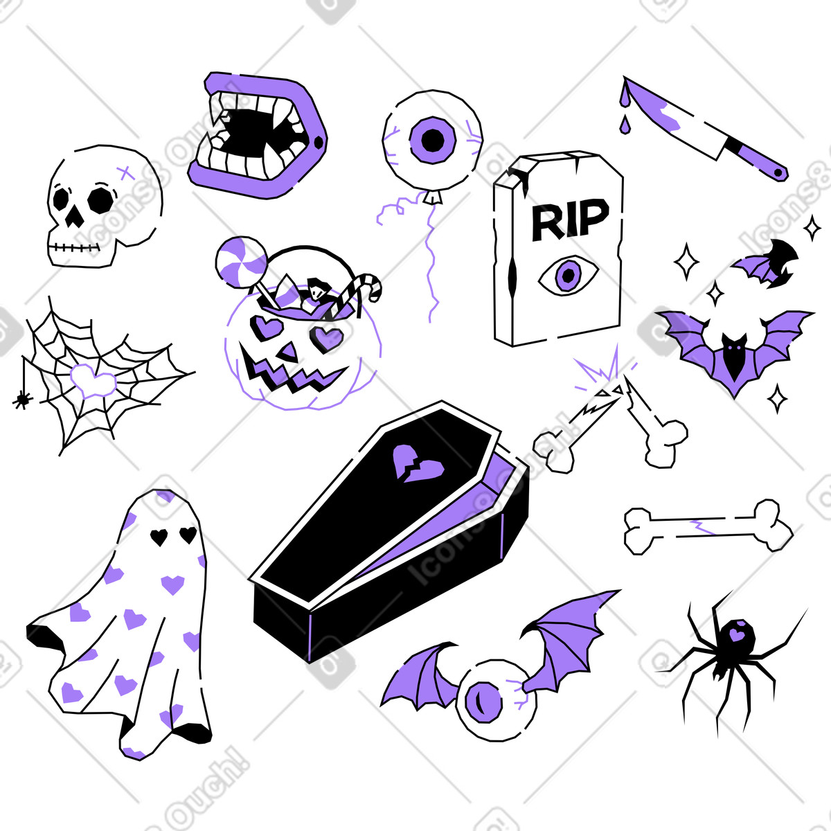 Halloween and horror items illustration in Amethyst style download in PNG, SVG