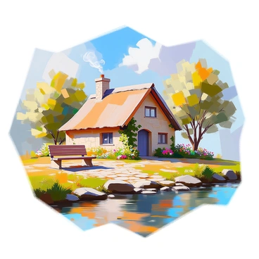 A quaint stone cottage with a thatched roof sits at the edge of a tranquil lake. The cottage has ivy climbing up its walls and a small chimney with smoke curling gently into the air. In front of the cottage, a pathway made of cobblestones leads down to the water's edge. The lake reflects the clear blue sky above, dotted with a few fluffy white clouds. Surrounding the cottage are lush green trees and colorful wildflowers, creating an idyllic scene of nature. A wooden bench is placed near the water, inviting visitors to sit and enjoy the peaceful view.