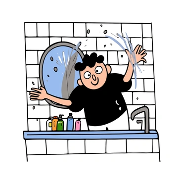 Hanako-kun splashing water playfully from a bathroom sink