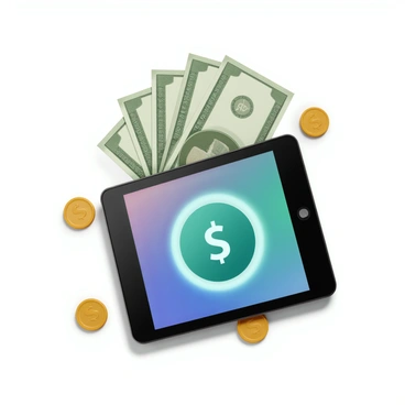 A digital wallet with a sleek, modern design, showing a variety of banknotes in different denominations spilling out from the top. The wallet's surface is glossy and has a touch-screen interface displaying vibrant colors. In the center of the wallet, there is a large, eye-catching "cashback" icon, prominently featuring dollar signs and a refreshing blue background. Surrounding the wallet, there are scattered coins to emphasize the concept of wealth and savings.