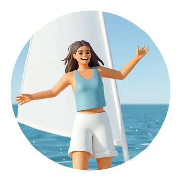 A woman, wearing a light blue tank top and white shorts, is standing confidently on a sailboat. She has long, flowing brown hair that is blowing in the wind. Her arms are raised in delight as she smiles broadly, showing her excitement. The sail is unfurled behind her, catching the wind, while the clear blue sky and sparkling water provide a vivid backdrop to her joyful moment.