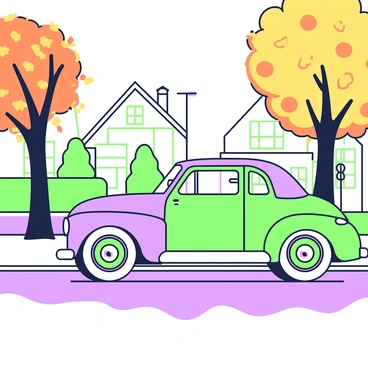 A classic vintage car is parked on a quiet street. The car features rounded edges and chrome details, showcasing its timeless design. The street is bordered by tall trees with autumn leaves, creating a vibrant carpet of fallen leaves in shades of orange and yellow. In the background, there are quaint houses with neatly trimmed hedges, and a soft breeze rustles through the branches. A sidewalk runs parallel to the street, and a lamppost is positioned nearby, adding to the serene atmosphere.