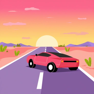 A single 3D car traveling on a deserted highway at sunset