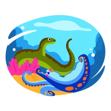 A curious moray eel with vibrant green and brown scales swims through a vibrant coral reef. The eel peeks out from a crevice in the rocks, its body sleek and elongated. Nearby, a playful octopus with a soft blue body and bright orange dots extends its tentacles, creating a playful pose. The octopus spirals around a colorful coral formation, displaying its dexterity. Sunlight filters through the water, illuminating the scene and highlighting the intricate patterns on the coral and the textures of both sea creatures. Bubbles drift upward, adding to the lively underwater atmosphere.