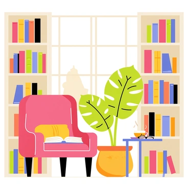 A cozy reading nook featuring a comfortable armchair with a soft cushion. The nook is surrounded by tall wooden shelves filled with colorful books of various sizes. A large green monstera plant stands in a decorative pot beside the chair, its broad leaves extending outward. A small side table holds a steaming cup of tea and a pair of reading glasses. Warm light filters in from a nearby window, casting soft shadows in the space.
