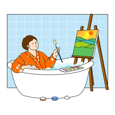 A person relaxing in a bath while painting a picture on a wall easel