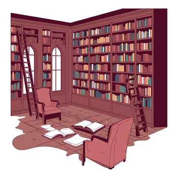 A large grand library features towering bookshelves that stretch up towards the ceiling, filled with countless books of various sizes and colors. In front of the bookshelves, there are several rolling ladders, each crafted from polished wood, leaning against the shelves. The floor is made of dark wood with intricate patterns, and there are large arched windows allowing soft natural light to filter in. A few plush reading chairs are scattered around, inviting visitors to sit and immerse themselves in a book. The atmosphere is one of scholarly tranquility and timeless elegance.